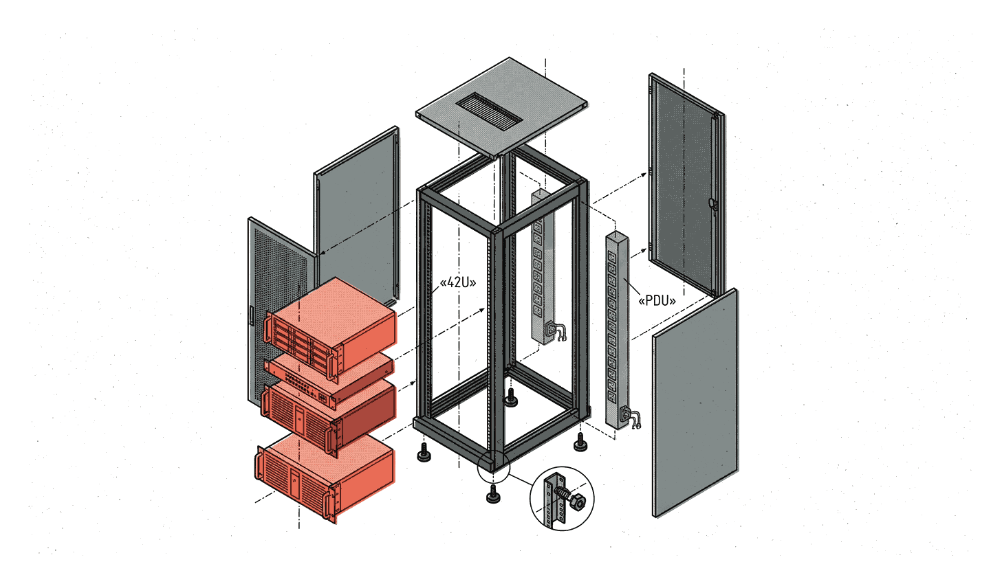 Exploded view of a 42U rack with its panels, PDUs and servers