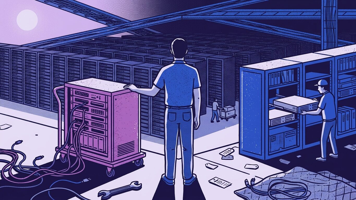 Ilustración de una sala de datos: un técnico junto a un rack móvil y estanterías con equipos de servidor