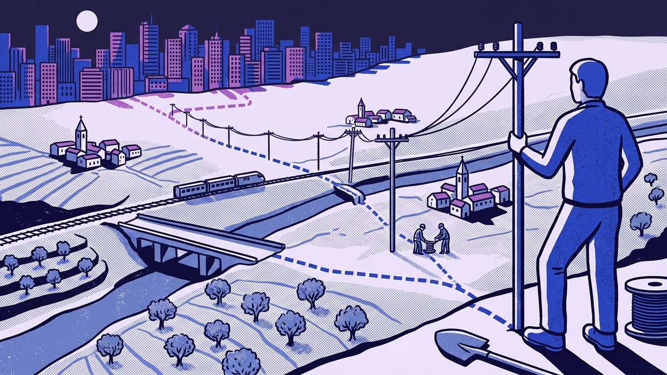 Ilustración de un paisaje con pueblos, tren y líneas de telecomunicaciones tendidas entre el campo y la ciudad
