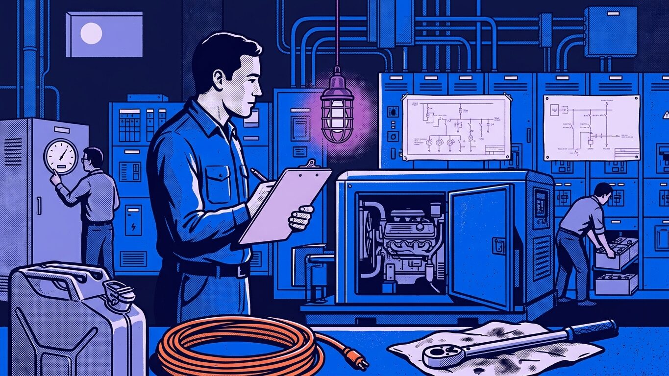 Illustration of a technical room: an inspector with a checklist in front of a generator and electrical panels