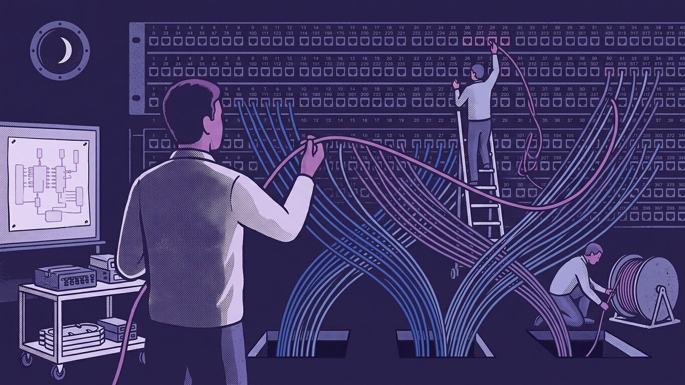 Illustration of technicians connecting cables from different carriers on large patch panels