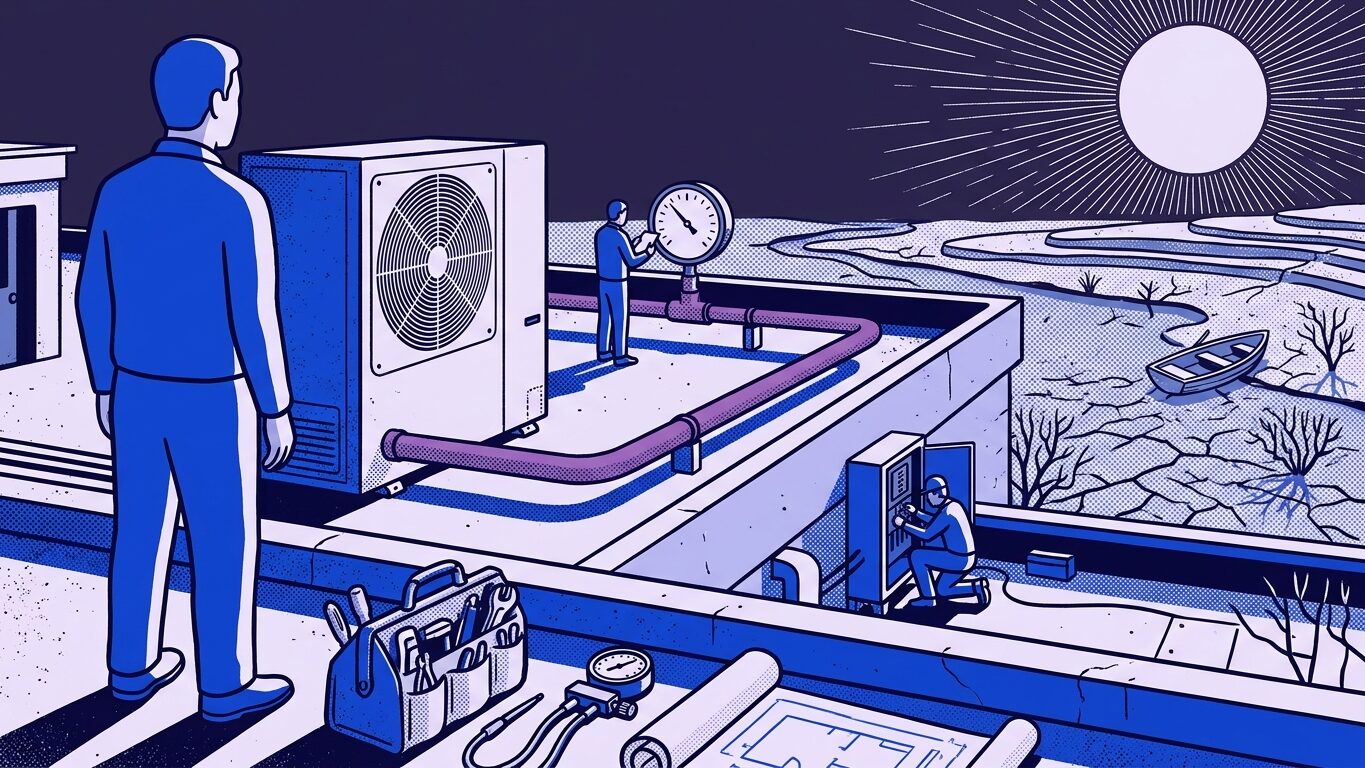 Illustration of a rooftop with closed-loop chillers facing a drought-stricken landscape